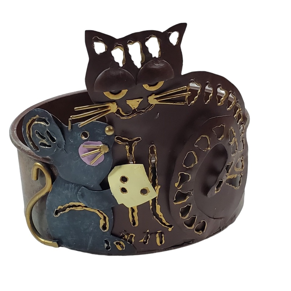 Cat and Mouse Cut Tin Metal Folk Art Animal Candle Holder Planter Trinket Bowl